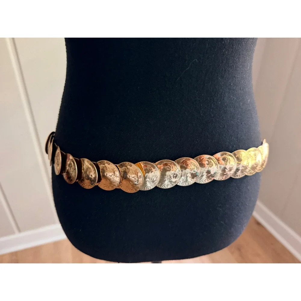 Vintage Gold Coin Cinch Belt Stretchy Metallic Waist Belt Retro Boho
